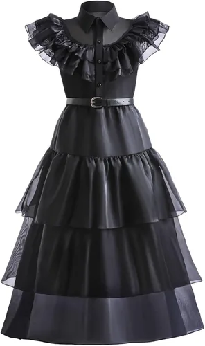 Vista 6 de LZH Wednesday Addams Costume Dress For Girls Kids Cosplay Addams Dress Up Halloween Costume With Wigs Belt Earrings