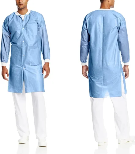 Vista 9 de Paquete de 10 abrigos de laboratorio desechables Abrigo de laboratorio duradero de 1.76 oz SMS hasta la rodilla, reutilizable, con puños