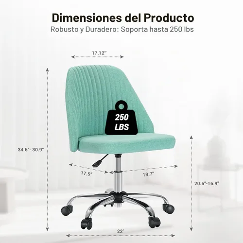 Vista 2 de YSSOA Silla de escritorio de oficina con respaldo y ruedas, silla de tela para computadora, sin brazos, altura ajustable, cómoda silla de tocador