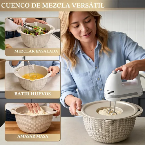 Vista 6 de Juego de colador 4 en 1 con tazón, cuenco colador giratorio de 360° patentado con 3 ralladores, tapa a presión y base antideslizante, divertido Beige