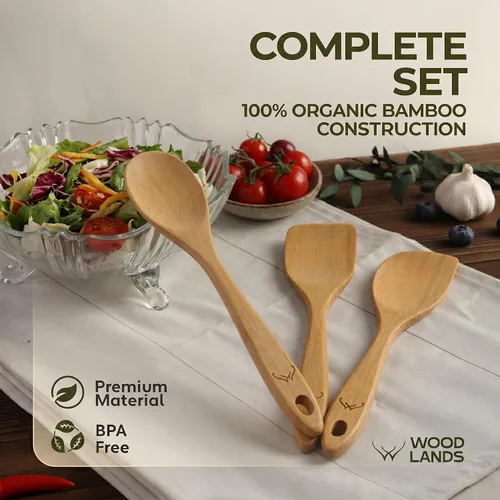 Vista 7 de Prime - Juego de 3 cucharas de madera de bambú para cocinar, utensilios de cocina de madera con mango largo, incluye cuchara plana de madera