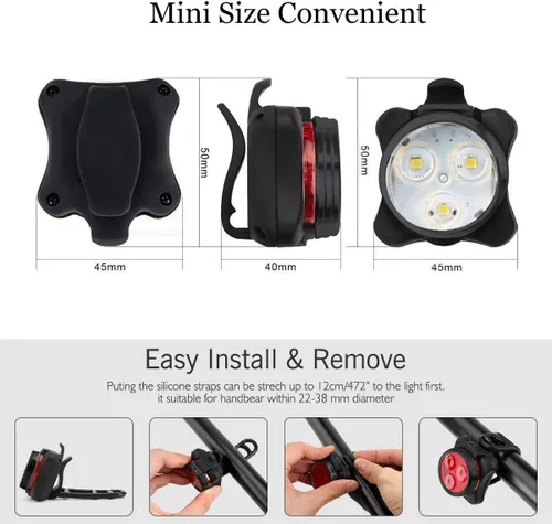 Vista 3 de Juego de luces para bicicleta recargables por USB, superbrillantes, luces de bicicleta delanteras y traseras, impermeables, 4 modos de luz