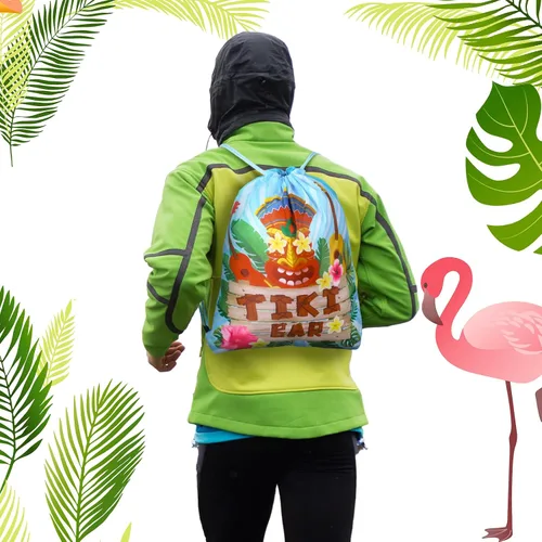 Vista 5 de Frienda 24 bolsas hawaianas para recuerdos de fiesta hawaiana Aloha con cordón, mochila tropical de flamenco, bolsas de regalo para cumpleaños