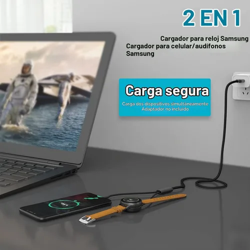 Vista 7 de Cargador magnético 2 en 1 USB-C para Samsung Galaxy Watch 7/6/5/4/3/Classic, Pro 5/4, Active Watch 2/1, Galaxy Buds/Live/+, cable de carga rápida
