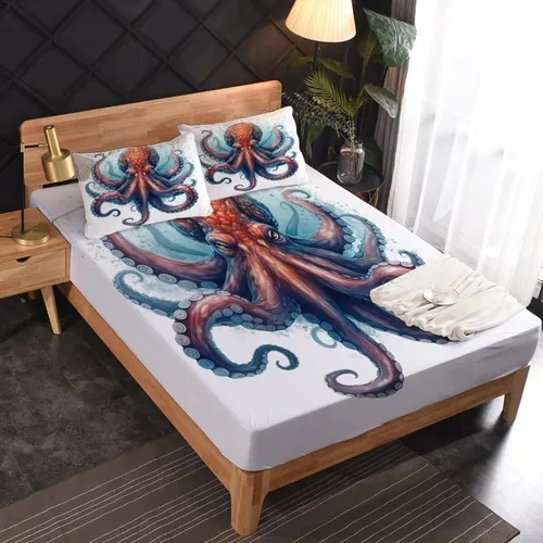 Vista 2 de Octopus Sheets - Juego de sábanas de tamaño individual, sábanas de microfibra suave, bolsillo profundo, sábanas y fundas de almohada estampadas sin