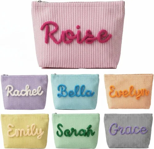 Vista 9 de Bolsa de cosméticos personalizada pequeña pana maquillaje bolsa de viaje organizador de cepillos de almacenamiento, Marrón