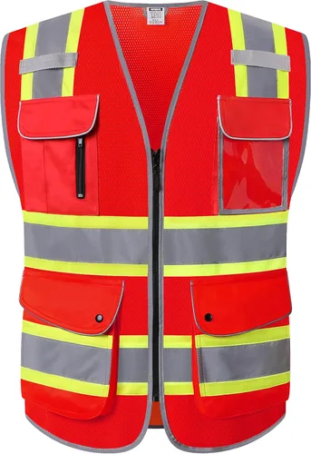 Vista 7 de Chalecos de seguridad reflectantes clase 2 retro con 9 bolsillos y cremallera frontal ANSI/ISEA 107-2015 (Negro-03, S)