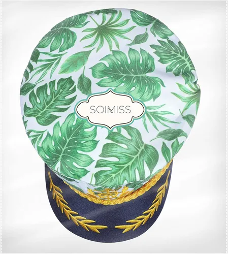 Vista 6 de SOIMISS Sombrero de yate para adulto, sombrero de capitán Monstera con estampado de hojas marinero, gorro de marinero, color azul marino, disfraz