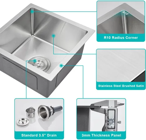 Vista 4 de Fregadero de cocina empotrado de 15 x 15 pulgadas, fregadero de barra de cocina de acero inoxidable T-304 hecho a mano de cuenco único o pequeño
