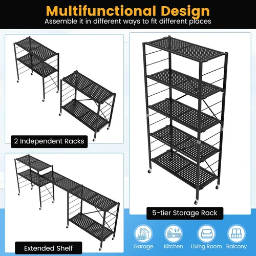 Vista 6 de LOKO Estantes de almacenamiento plegables de 5 niveles con ruedas, estantería de metal ajustable de 60 pulgadas de alto, estante organizador