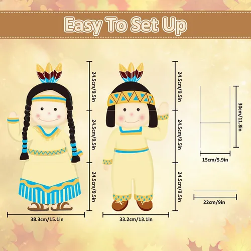 Vista 2 de Letreros de Acción de Gracias para patio de niños y niñas nativos americanos, estacas de césped para otoño, resistentes a la intemperie, decoración