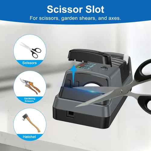 Vista 6 de Afilador de cuchillos eléctrico 5 en 1 para cuchillos de cocina, afilador de 3 etapas con 100% abrasivo de diamante, pantalla LCD, velocidad