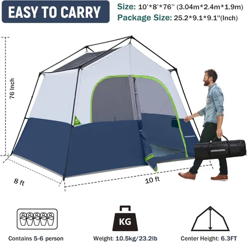 Vista 2 de HIKERGARDEN - Tienda de campaña para 6 a 8 personas, tienda de campaña familiar portátil para campamento, tienda de campaña de tela resistente al