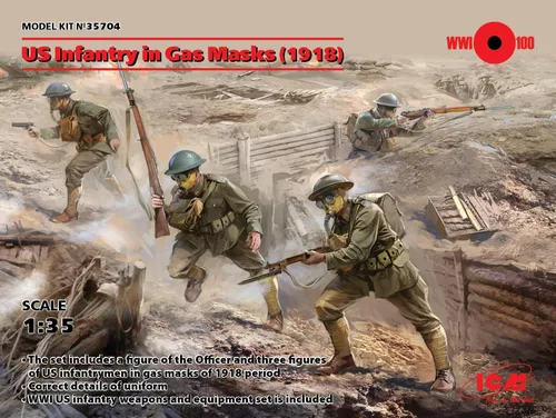 Vista 2 de ICM 35704 - Kit de modelado de figuras militares de plástico Infantería estadounidense en máscaras de gas (1918) (4 figuras) - Escala 1:35