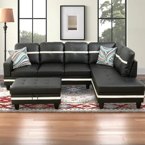 Vista 18 de Sofá modular para sala de estar, sofá seccional de cuero marrón en forma de L con diván y otomano de almacenamiento para sala de estar, B- marrón