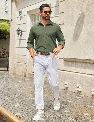 Vista 2 de COOFANDY Camisa de vestir casual de mezclilla con botones y manga larga para hombre
