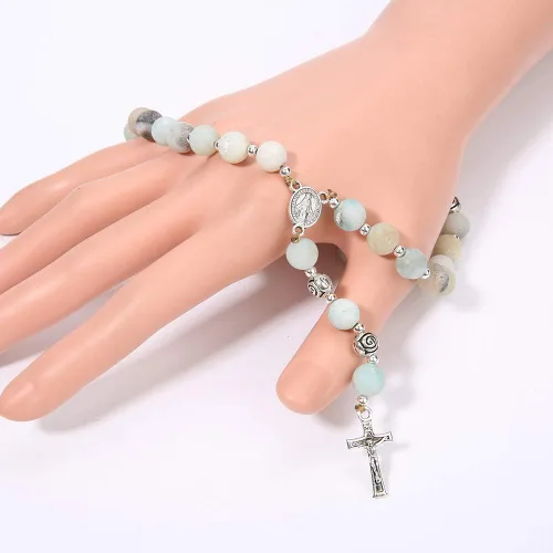Vista 4 de BALIBALI Cuentas de oración anglicanas hechas a mano de 0.315 in Rosario Jade Piedra Natural Rosario Cuentas con Crucifijo de Perdón Cruz Rosario