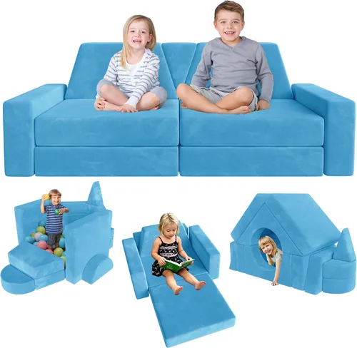 Vista 11 de 15 piezas Sofá de juego modular para niños, Sofá para niños pequeños y niños, sofás para niños pequeños, Kit de construcción de fortalezas con sofás