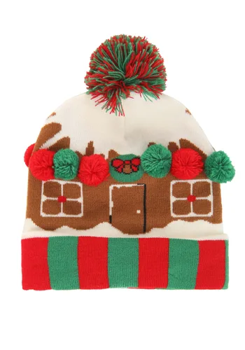 Vista 4 de Gorro Navideño de Punto con Casa de Jengibre y Pompones Multicolor