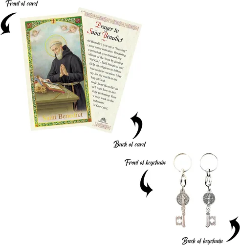 Vista 5 de San Benito Católica Casa Bendición con San Benito de Nursia Tarjeta, llavero, la oración del Señor Santo Patrón de Europa San Benito Percha