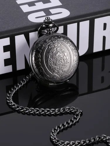 Vista 5 de Reloj de bolsillo de cuarzo para hombre con esfera negra y cadena