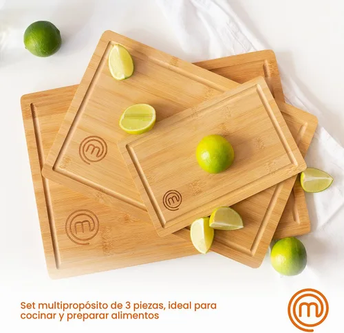 Vista 5 de MasterChef Tablas de cortar de bambú para cocina, juego de 3 tablas de cortar de madera, superficie natural, orgánica y segura para alimentos