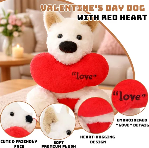 Vista 5 de Juguete de peluche suave de 10 pulgadas para el día de San Valentín, West Highland con corazón rojo, bonito regalo romántico para novia, esposa