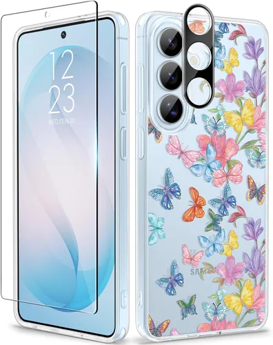 Vista 43 de GVIEWIN Funda protectora para Samsung Galaxy S25, transparente floral, delgada, a prueba de golpes, para mujer, no se pone amarilla, con protector