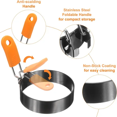 Vista 4 de HARFINGTON 2 anillos de huevo de 6 pulgadas de acero inoxidable antiadherente para panqueques con mango de silicona para freír huevos sándwich
