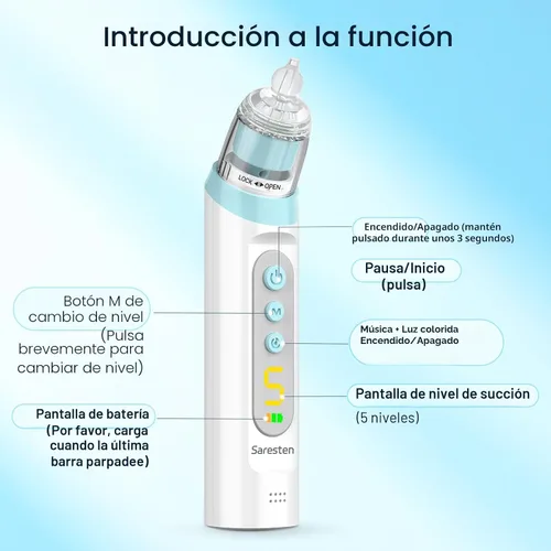 Vista 8 de Aspirador nasal para bebé, aspirador nasal recargable para bebé, aspirador nasal para bebé con 3 puntas de silicona, succión ajustable, aspirador