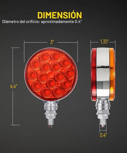 Vista 5 de Partsam 2 luces LED redondas de doble cara de 3 pulgadas, color rojo/ámbar, 30 luces LED para guardabarros, señal de giro cromada, Miro-reflex