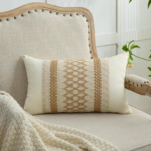 Vista 11 de 1 funda de almohada para sala de estar, algodón y arpillera, estilo bohemio decorativo para el hogar (beige y azul, 16 x 16 pulgadas)