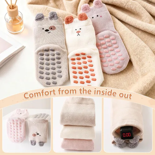 Vista 4 de Adorable diseño de animales de dibujos animados calcetines de algodón antideslizantes para bebés, 5 pares de calcetines antideslizantes para niños