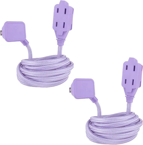 Vista 2 de GLOBE Electric 22892 Designer Series - Cable de extensión de tela de 9 pies, 3 salidas polarizadas, enchufe de ángulo recto, 125 voltios, morado