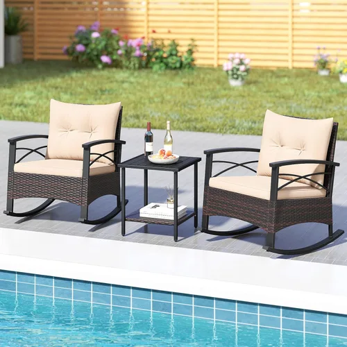 Vista 3 de Tangkula Juego de 3 mecedoras para exteriores, sillas mecedoras acolchadas de ratán resistente con mesa de centro de vidrio templado de 2 niveles