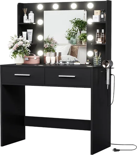 Vista 10 de YESHOMY Escritorio de tocador con espejo, mesa de maquillaje, negro oscuro