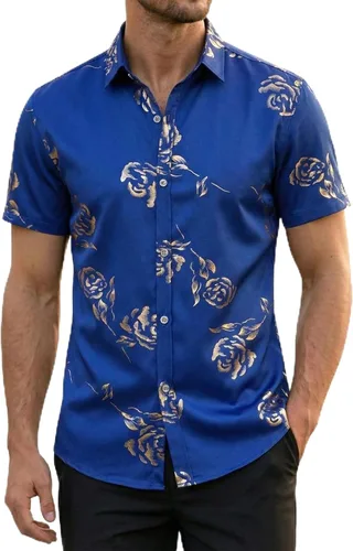 Vista 16 de ZEROYAA - Camisas de vestir de manga corta con estampado de rosa dorada para hombre, estilo hipster, calce ajustado, con botones