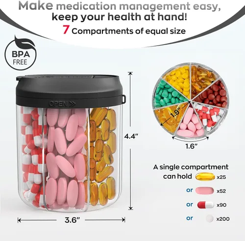 Vista 2 de Hionxmga Dispensador de pastillas con 7 compartimentos grandes, organizador de botellas de píldoras de 4.4 pulgadas de alto x 3.6 pulgadas