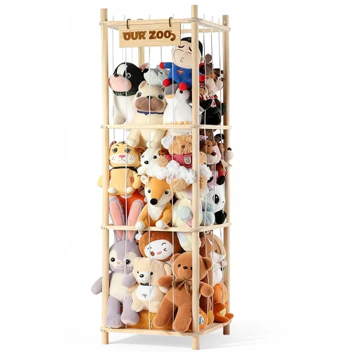Vista 10 de LAMU Almacenamiento de animales de peluche, organizador de animales de madera con rellenos de zoológico con cordones elásticos, organizadores