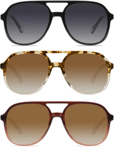 Vista 17 de YDAOWKN Retro Aviator Sunglasses for Womens Mens 70s Double Bridge Sunnies 2 Tintes Negro/Gris+Negro/Amarillo