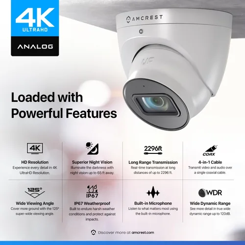 Vista 3 de Amcrest Cámara de seguridad analógica 4K para exteriores, torreta 8MP @15fps CCTV-Coax-BNC, visión nocturna de 65 pies, ángulo de 125°, micrófono