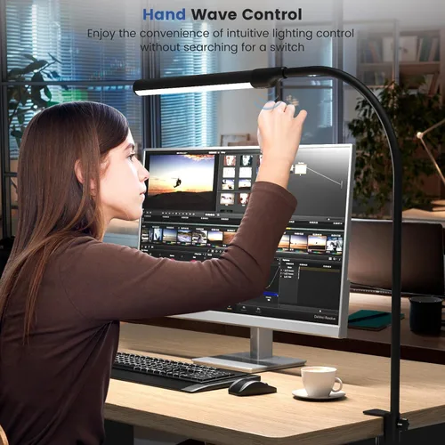 Vista 7 de MYPLUS Lámpara LED de escritorio con abrazadera, control de onda manual, 5 colores y 10 niveles regulables, lámpara LED con clip, luces de mesa