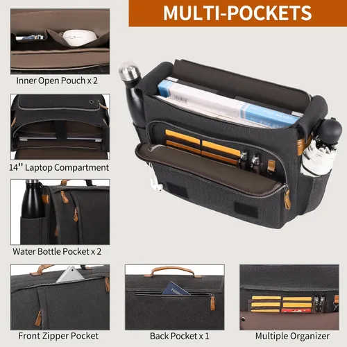 Vista 5 de ESTARER Bolsa de mensajero para laptop de 13 a 14 pulgadas, resistente al agua, bolsa de hombro de lona para universidad de negocios, gris