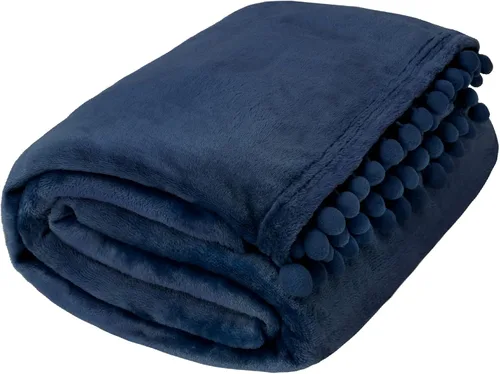 Vista 7 de PAVILIA Manta de forro polar para sofá con flecos de pompones, azul marino, manta de franela suave y acogedora para sofá cama, manta de felpa ligera
