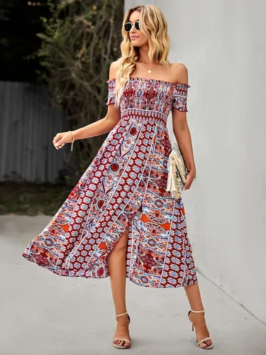 Vista 2 de KAYWIDE Vestidos casuales de manga larga con cuello redondo, vestido fruncido bohemio, estampado floral, vestido midi escalonado