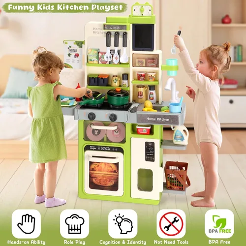 Vista 6 de Juego de cocina para niños, cocina de juego Easface para niños pequeños de 1 a 3 años con sonido y luz, estufa de cocina con vapor, fregadero