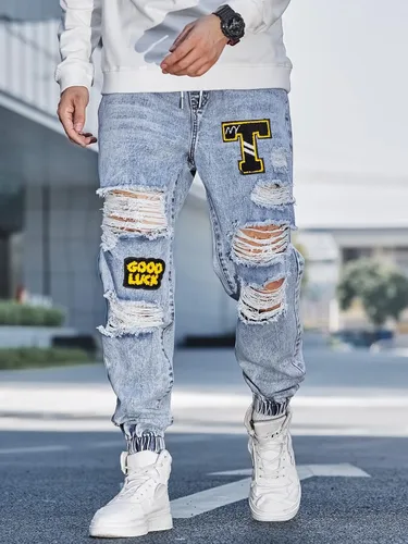 Vista 5 de Jeans para hombre Pantalones de mezclilla rasgados con letras parcheadas para hombre (Color lavado ligero, Talla L)