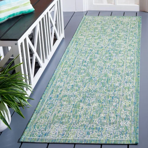 Vista 35 de SAFAVIEH Alfombra lavable al aire libre, colección Courtyard - 2'3" x 5', azul aguamarina y gris, no desprende pelusa y fácil limpieza, ideal