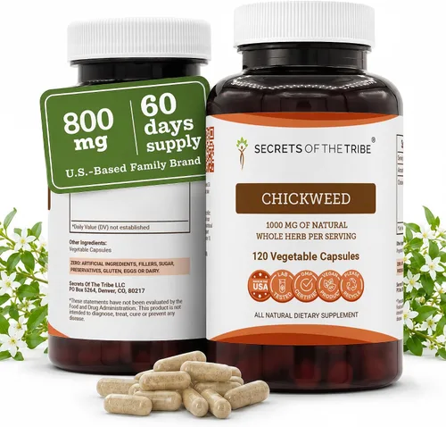 Vista 6 de Secrets of the Tribe Chickweed 60 Cápsulas, 1000 mg, Pamplina (Stellaria Media) Hierba Seca (60 Cápsulas)