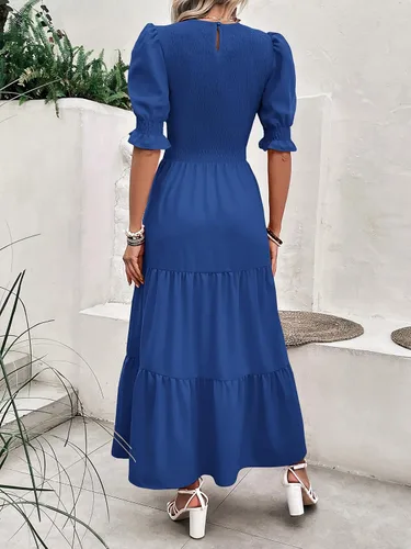 Vista 68 de BTFBM Vestidos para mujer, cuello redondo, casual, de verano, con volantes, manga corta, bohemio, con niveles, fruncido, largo, con estampado floral